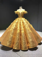 Gold Ball Gown Sequins Appliques See Through V-neck Prom Dress With Feather